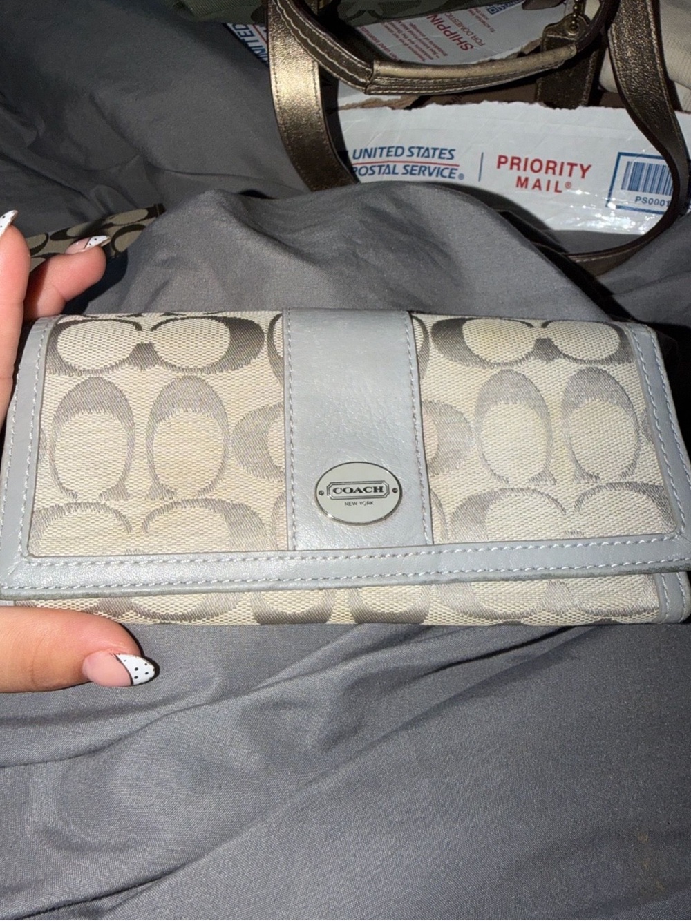 Coach Signature Continental Wallet in Light Gray and Cream